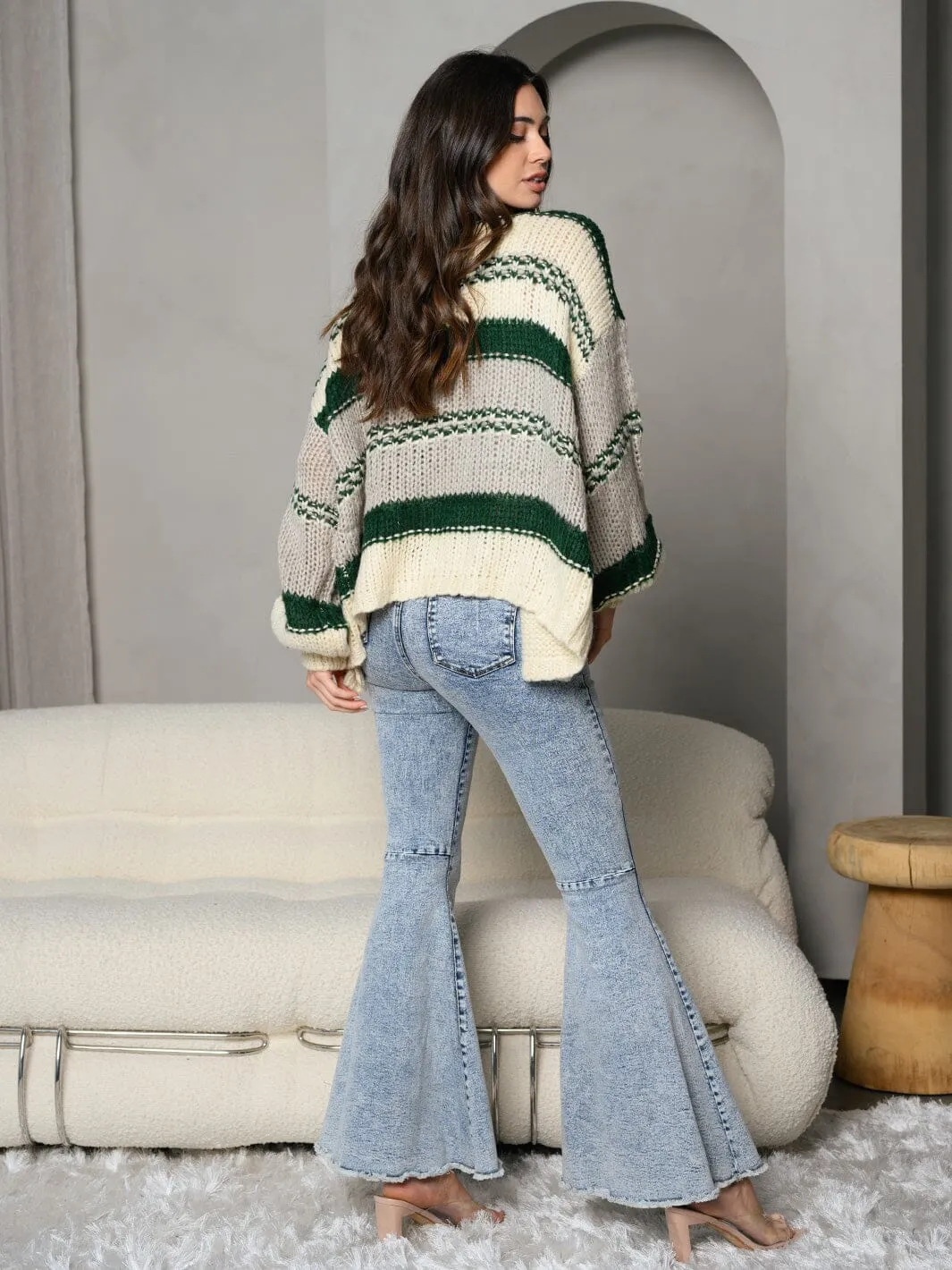 WOMEN'S LONG SLEEVE MULTI COLOR STRIPES OPEN CARDIGAN