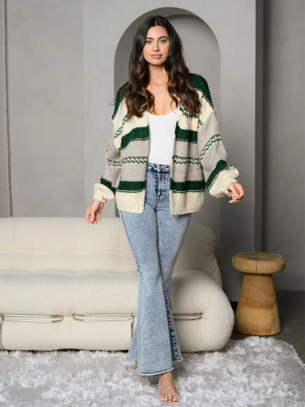 WOMEN'S LONG SLEEVE MULTI COLOR STRIPES OPEN CARDIGAN
