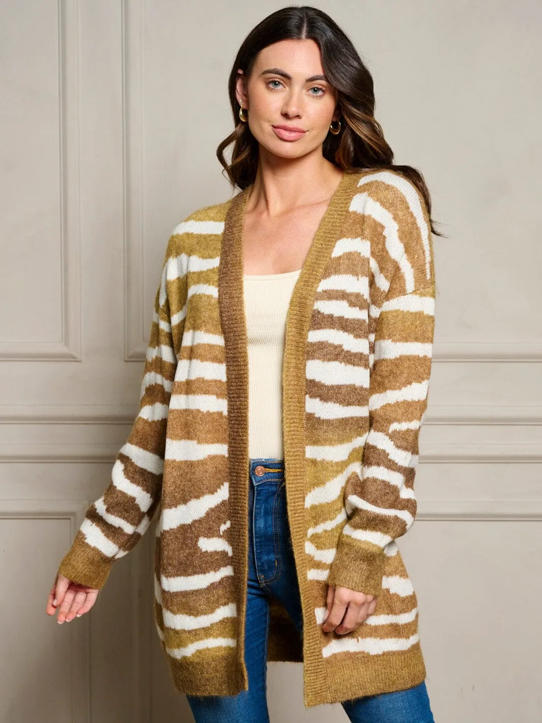 WOMEN'S LONG SLEEVE OPEN FRONT ANIMAL PRINT CARDIGAN