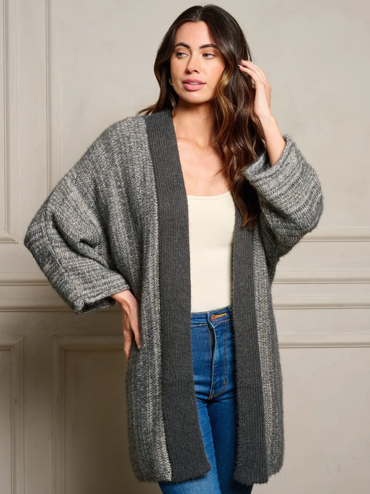 WOMEN'S LONG SLEEVE OPEN FRONT COLORBLOCK CARDIGAN