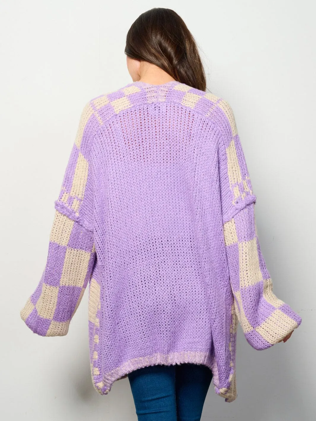 WOMEN'S LONG SLEEVE OPEN FRONT COLORBLOCK CHEKERS CARDIGAN