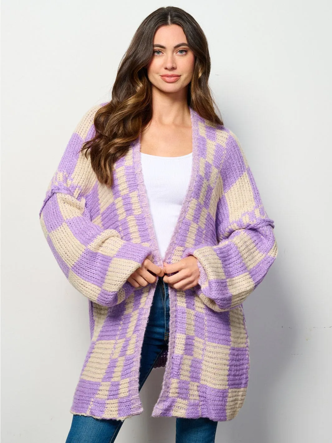WOMEN'S LONG SLEEVE OPEN FRONT COLORBLOCK CHEKERS CARDIGAN
