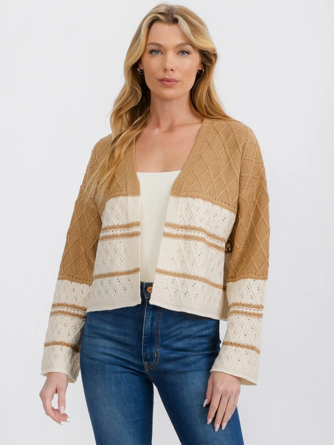 WOMEN'S LONG SLEEVE OPEN FRONT COLORBLOCK KNIT CARDIGAN