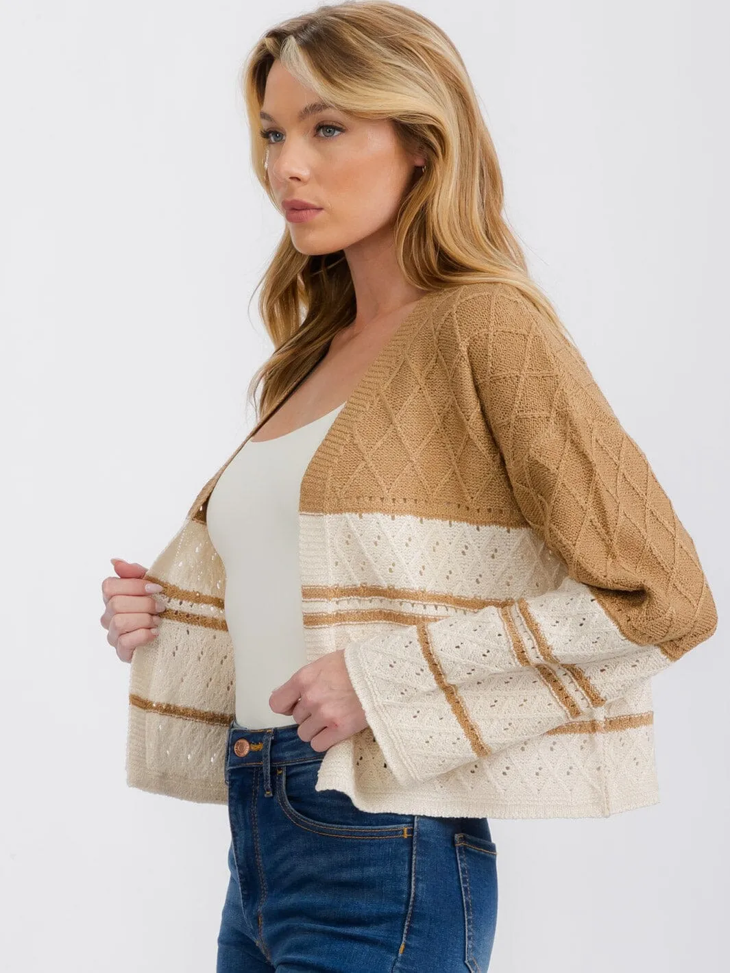 WOMEN'S LONG SLEEVE OPEN FRONT COLORBLOCK KNIT CARDIGAN