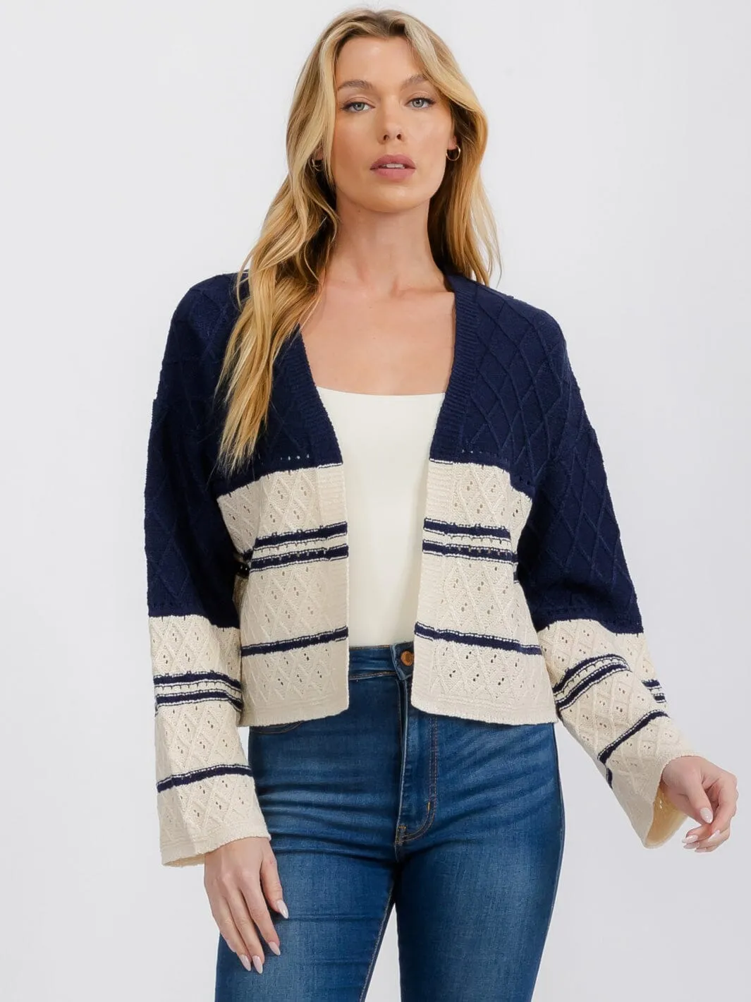 WOMEN'S LONG SLEEVE OPEN FRONT COLORBLOCK KNIT CARDIGAN