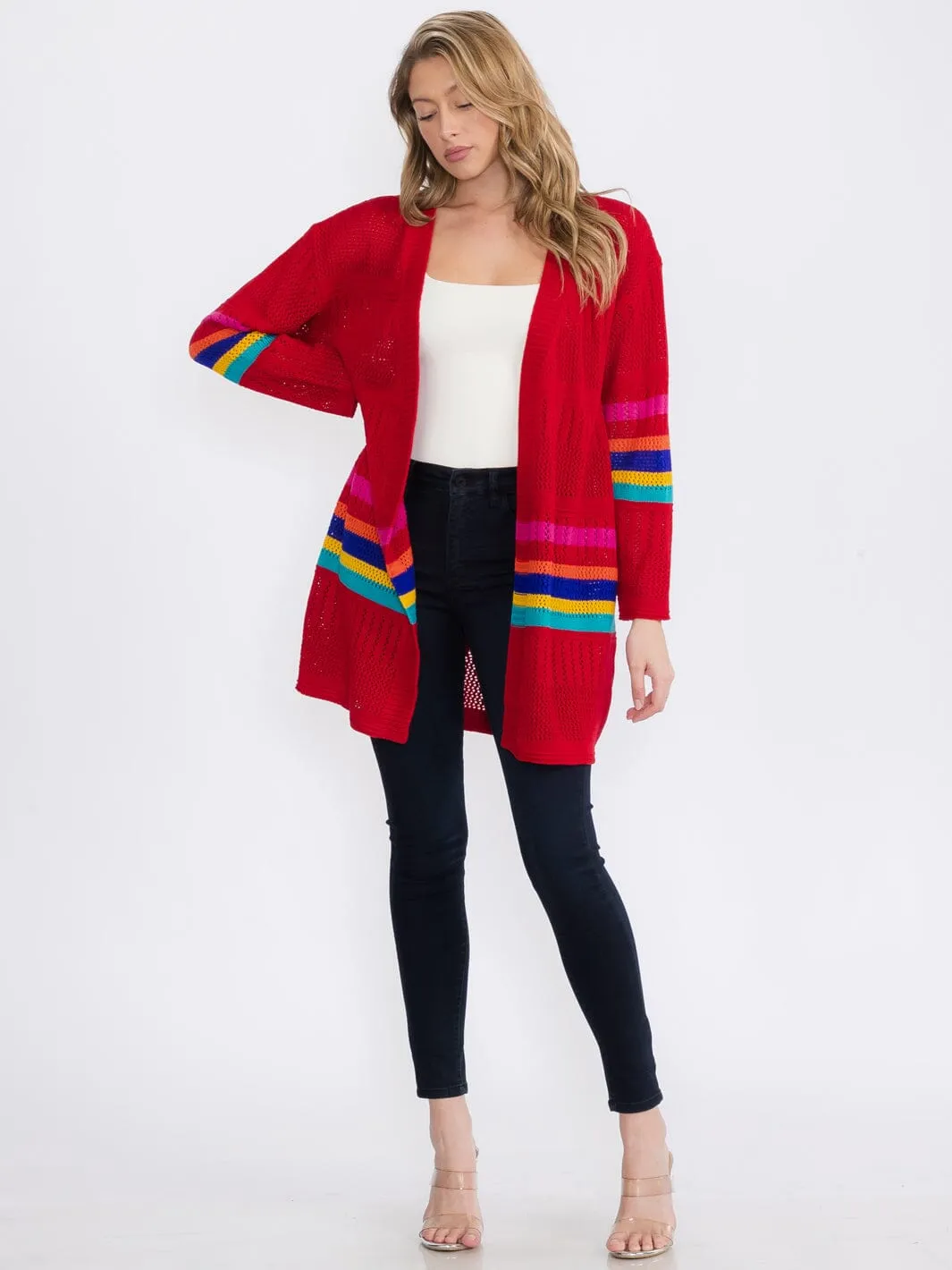 WOMEN'S LONG SLEEVE OPEN FRONT COLORBLOCK KNIT CARDIGAN