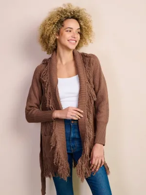 WOMEN'S LONG SLEEVE OPEN FRONT FRINGE POCKETS SELF TIE CARDIGAN