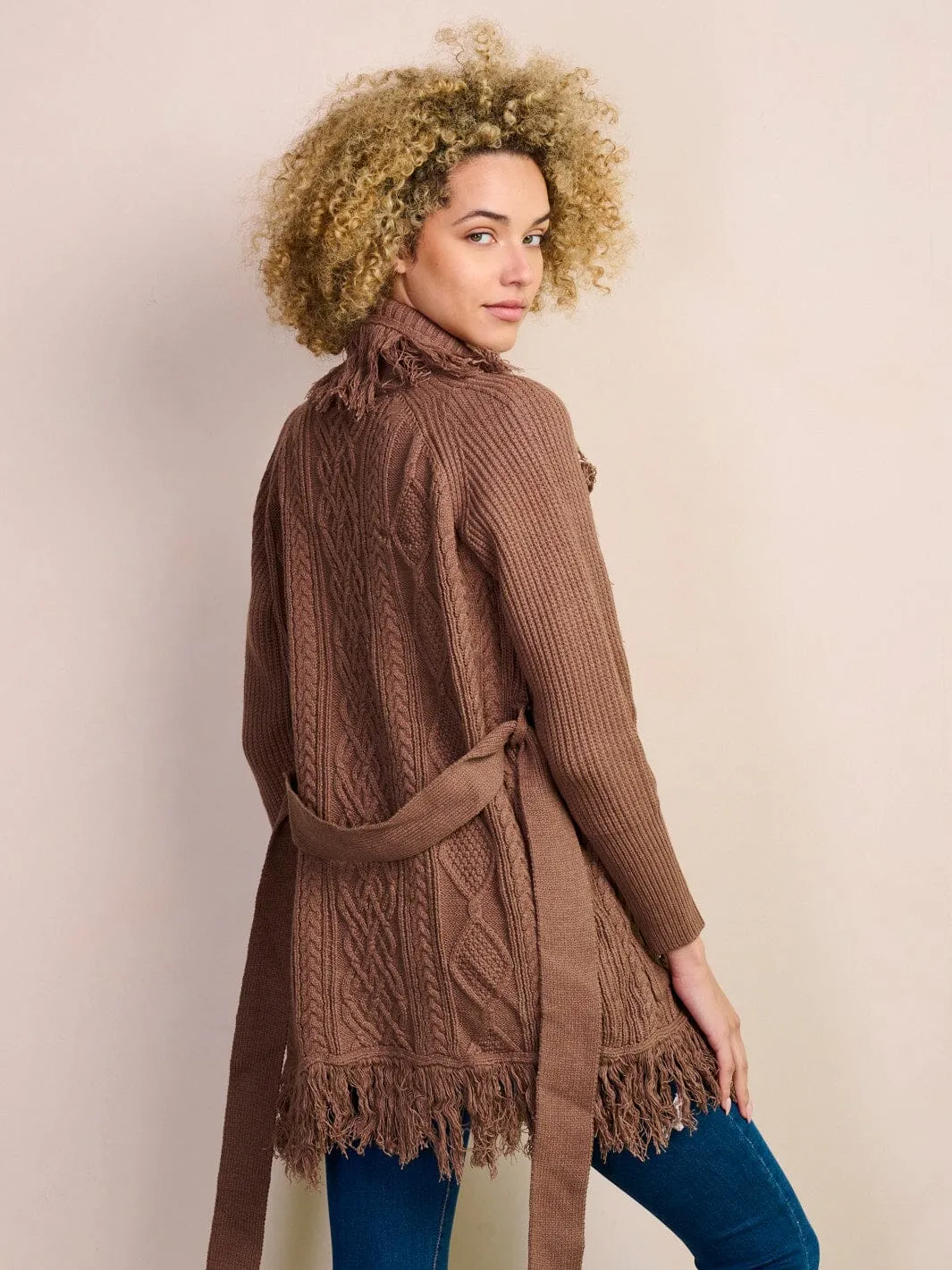 WOMEN'S LONG SLEEVE OPEN FRONT FRINGE POCKETS SELF TIE CARDIGAN