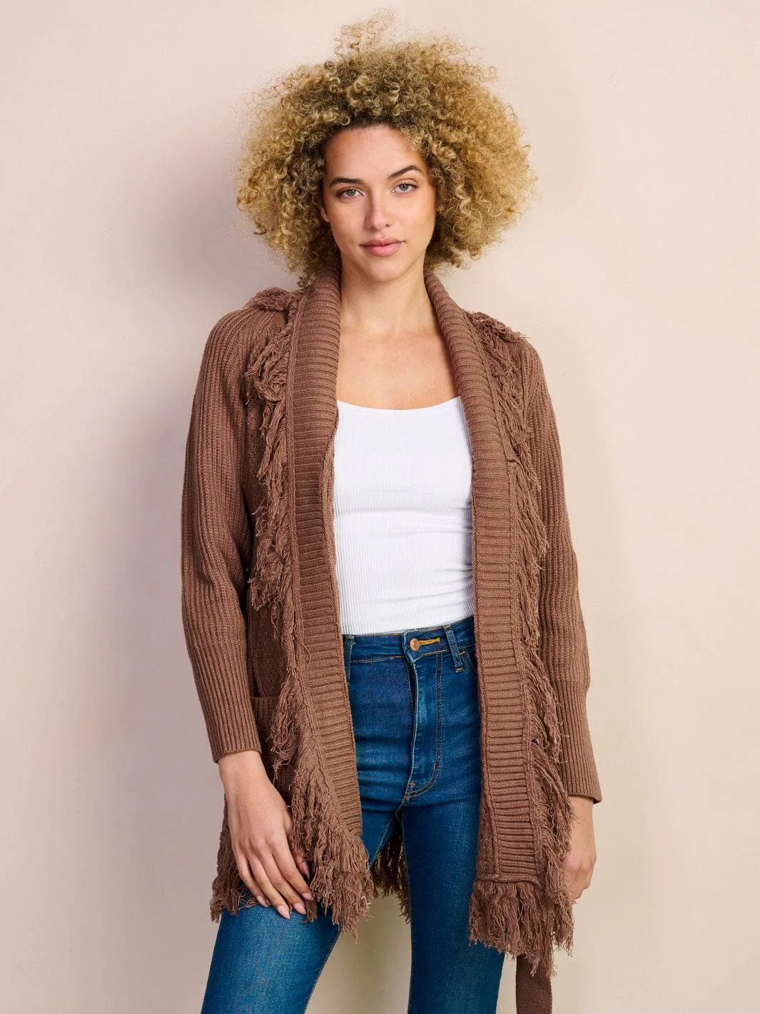 WOMEN'S LONG SLEEVE OPEN FRONT FRINGE POCKETS SELF TIE CARDIGAN