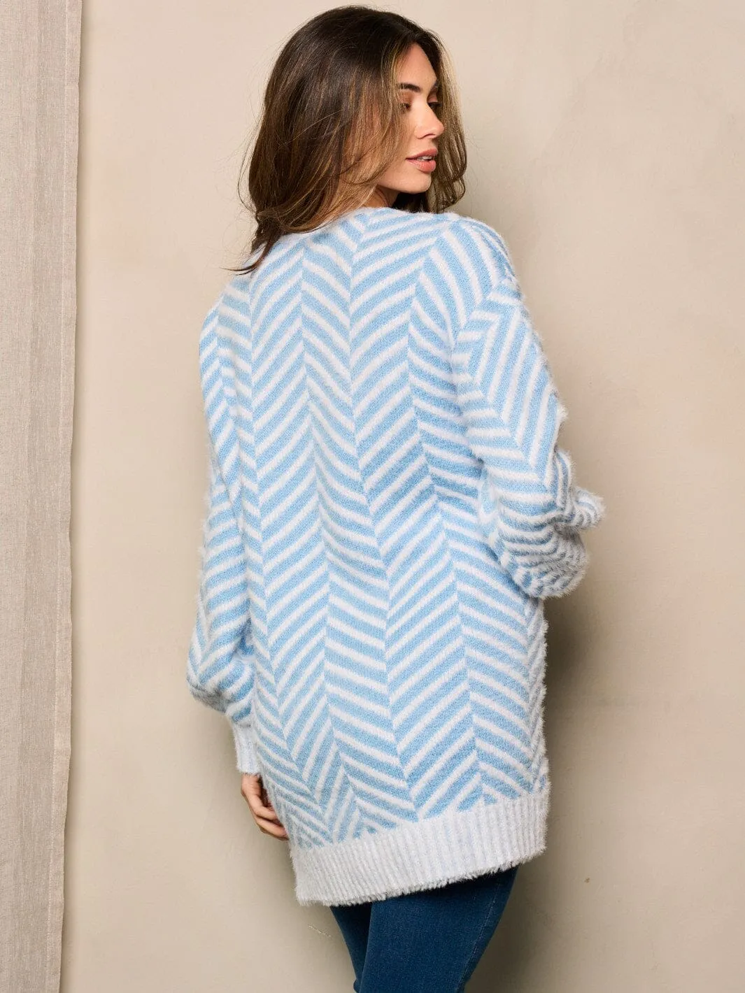 WOMEN'S LONG SLEEVE OPEN FRONT FUZZY COLORBLOCK CARDIGAN