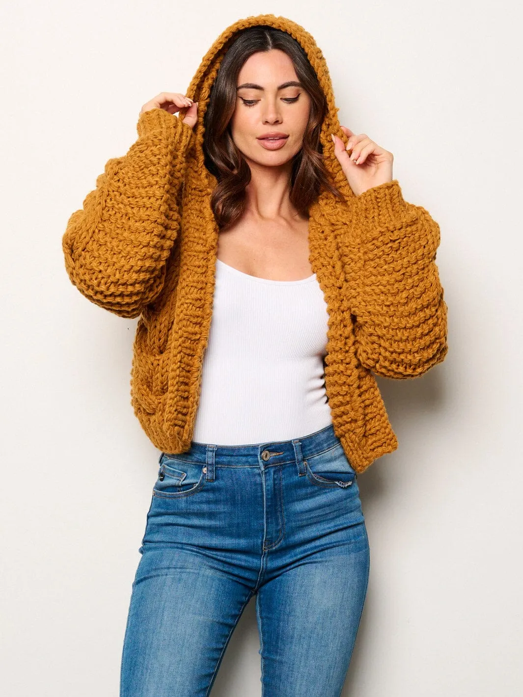 WOMEN'S LONG SLEEVE OPEN FRONT KNITTED HOODED CARDIGAN