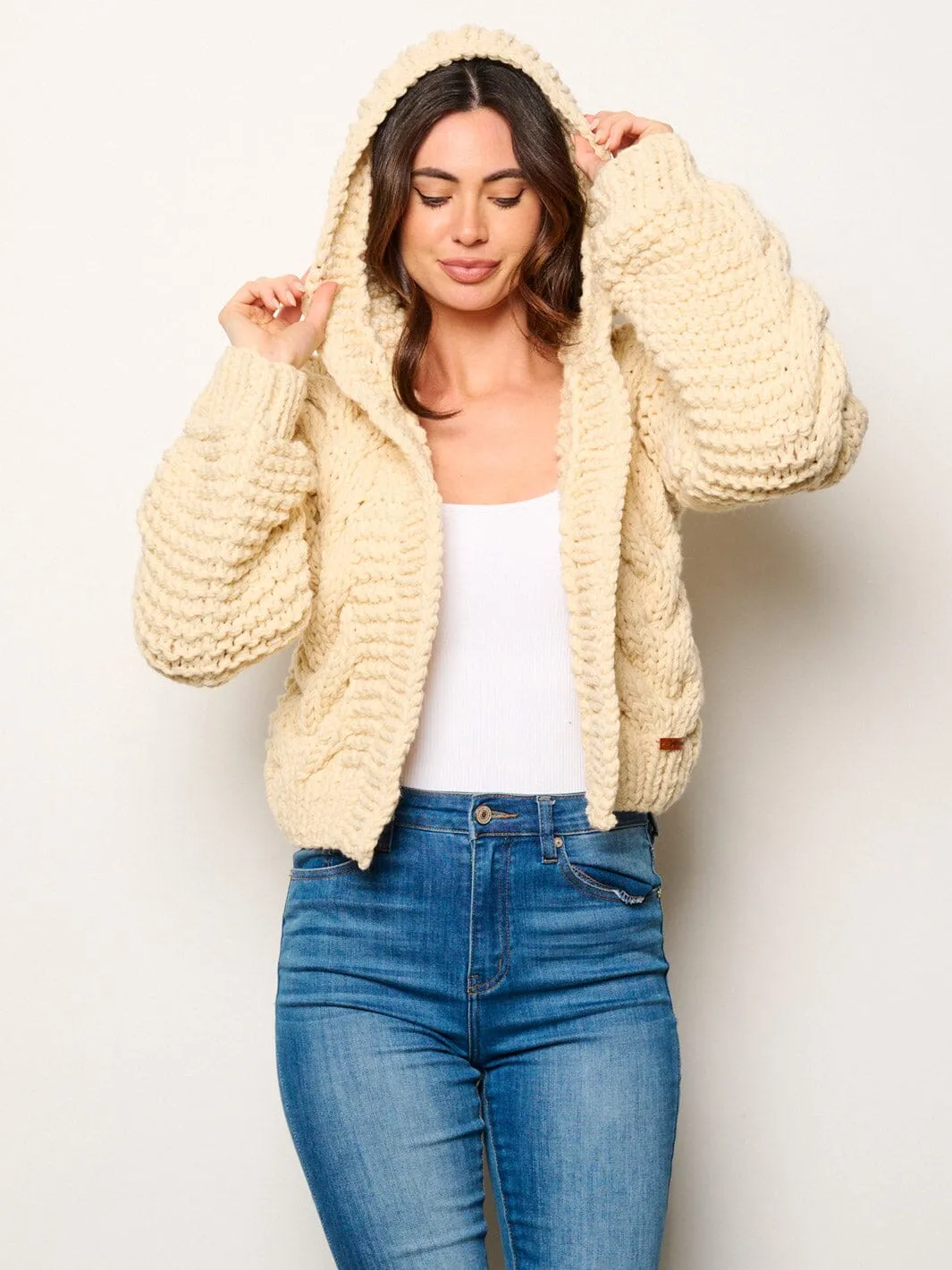 WOMEN'S LONG SLEEVE OPEN FRONT KNITTED HOODED CARDIGAN
