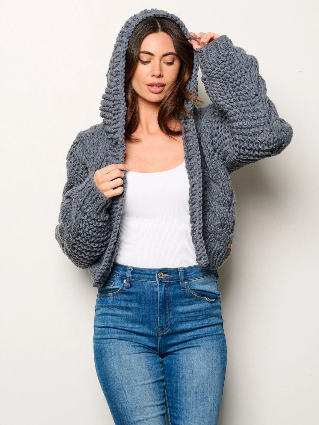 WOMEN'S LONG SLEEVE OPEN FRONT KNITTED HOODED CARDIGAN