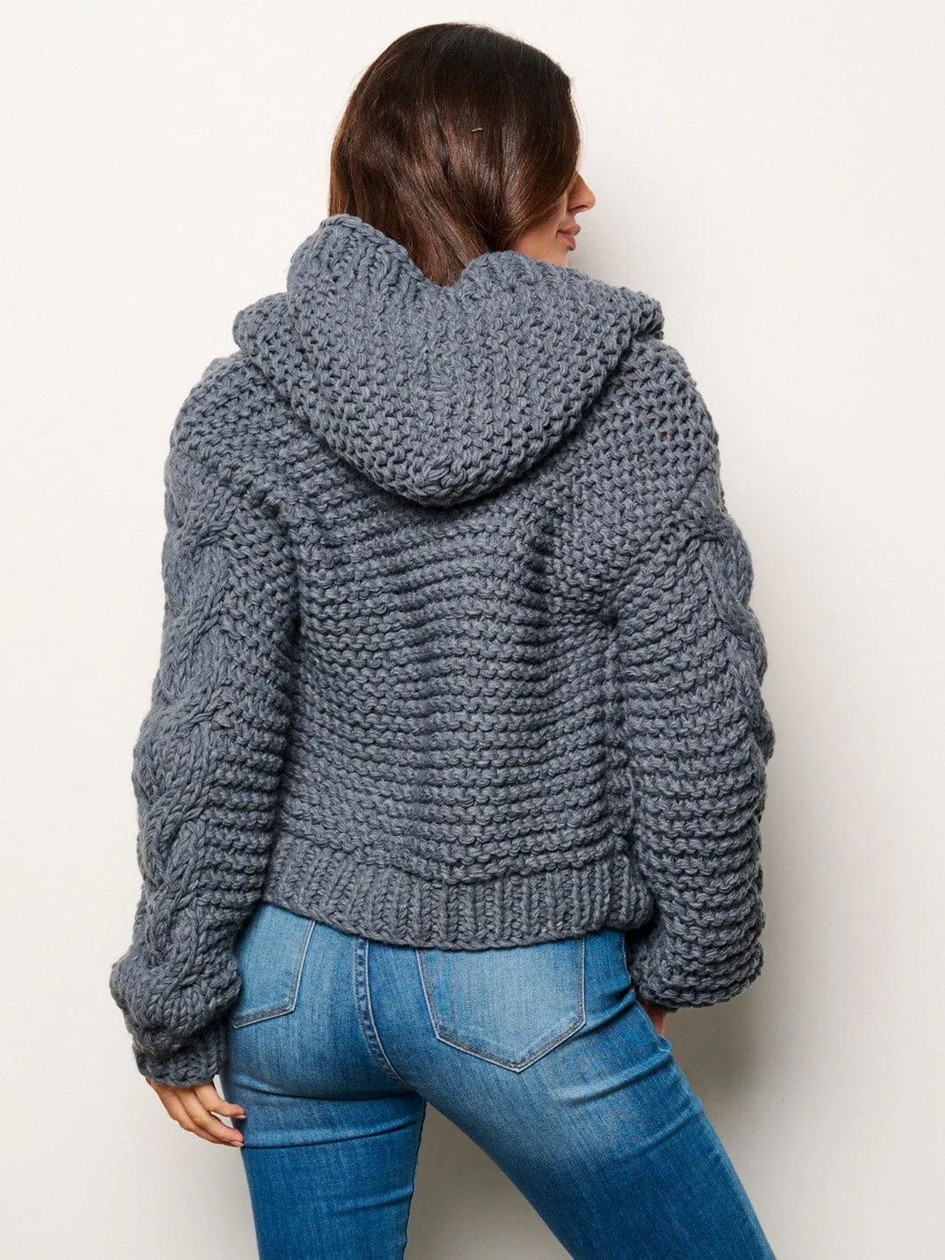 WOMEN'S LONG SLEEVE OPEN FRONT KNITTED HOODED CARDIGAN