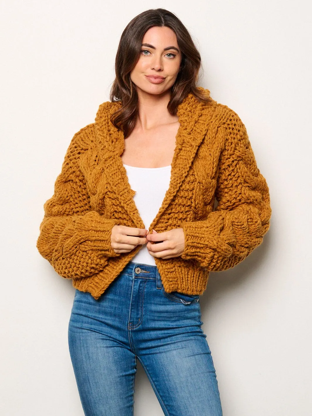 WOMEN'S LONG SLEEVE OPEN FRONT KNITTED HOODED CARDIGAN
