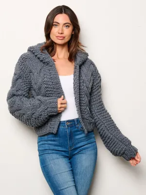 WOMEN'S LONG SLEEVE OPEN FRONT KNITTED HOODED CARDIGAN