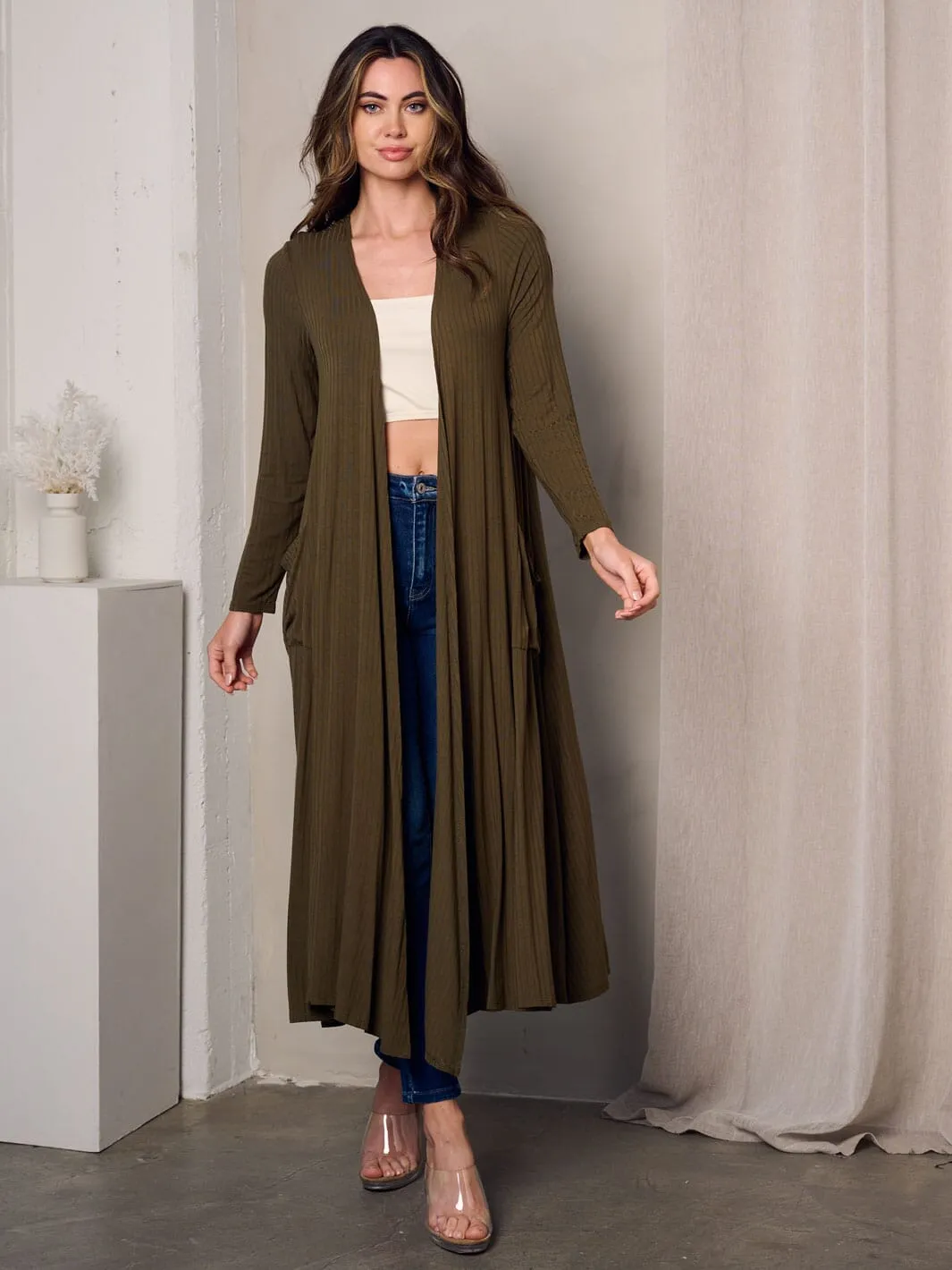 WOMEN'S LONG SLEEVE OPEN FRONT POCKETS CARDIGAN