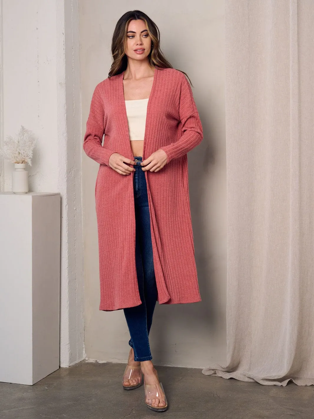 WOMEN'S LONG SLEEVE OPEN FRONT POCKETS CARDIGAN