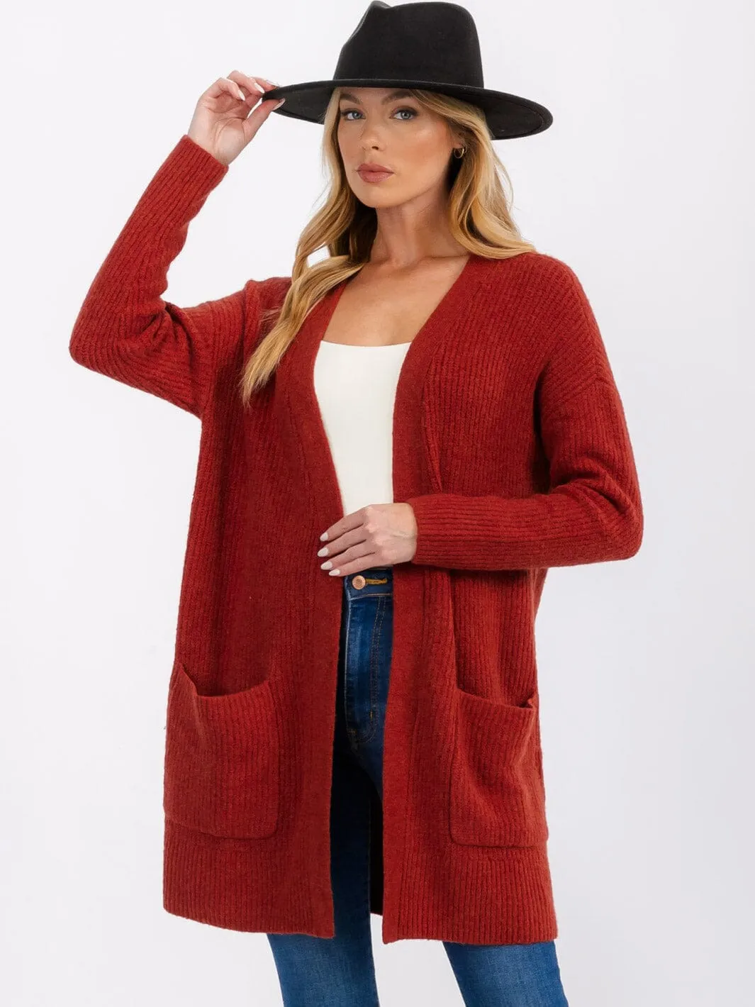 WOMEN'S LONG SLEEVE OPEN FRONT POCKETS CARDIGAN
