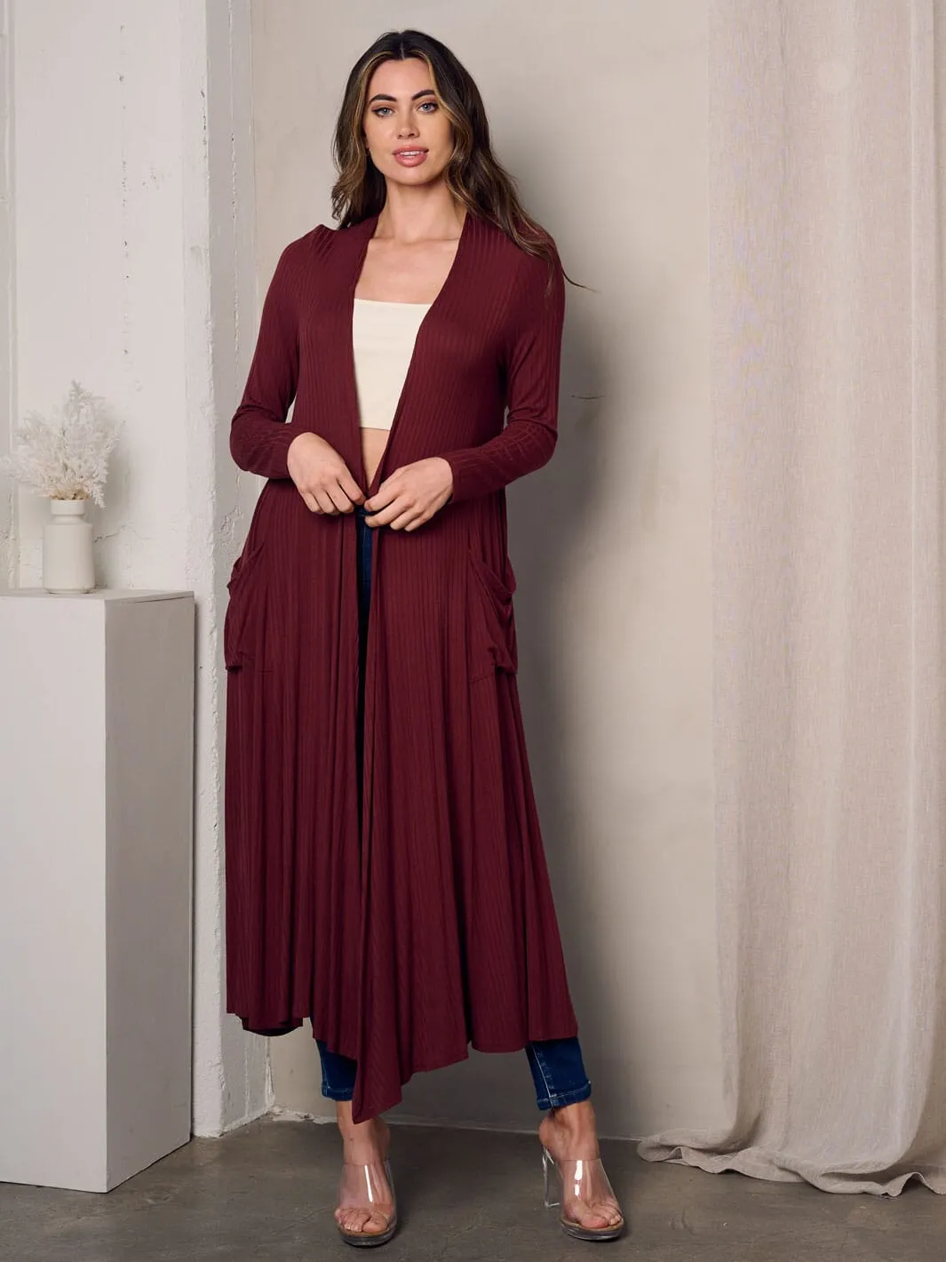 WOMEN'S LONG SLEEVE OPEN FRONT POCKETS CARDIGAN