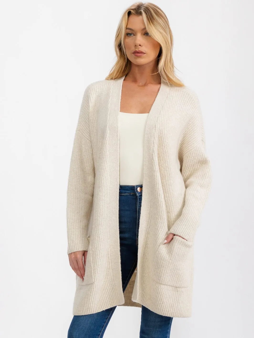 WOMEN'S LONG SLEEVE OPEN FRONT POCKETS CARDIGAN
