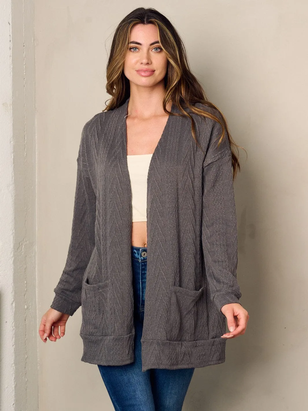 WOMEN'S LONG SLEEVE OPEN FRONT POCKETS CARDIGAN