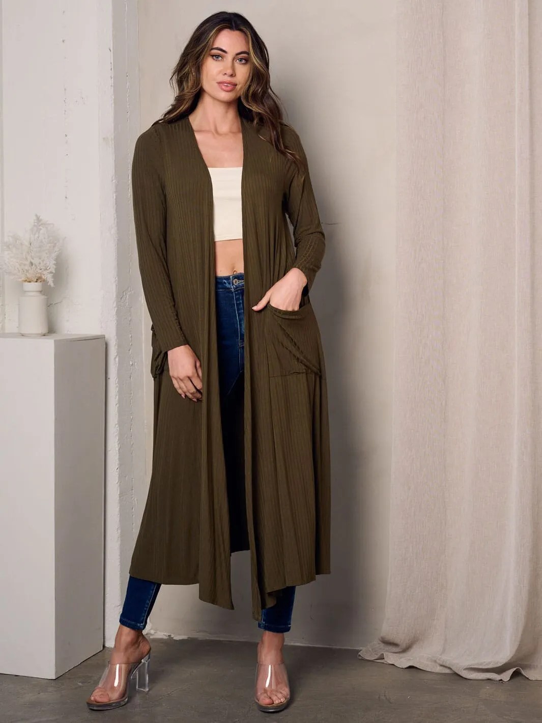 WOMEN'S LONG SLEEVE OPEN FRONT POCKETS CARDIGAN