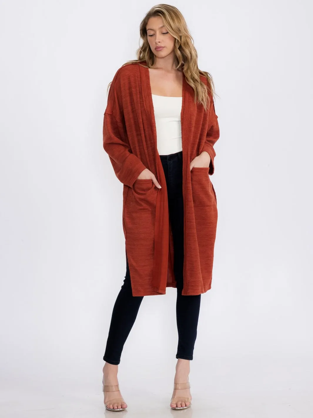 WOMEN'S LONG SLEEVE OPEN FRONT POCKETS CARDIGAN