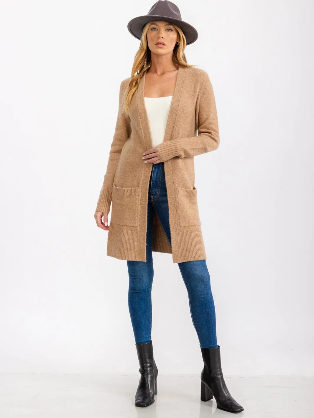 WOMEN'S LONG SLEEVE OPEN FRONT POCKETS CARDIGAN