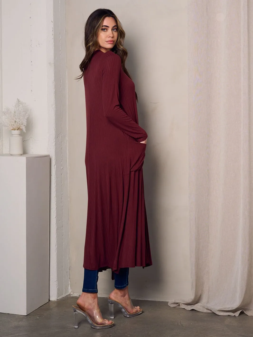 WOMEN'S LONG SLEEVE OPEN FRONT POCKETS CARDIGAN