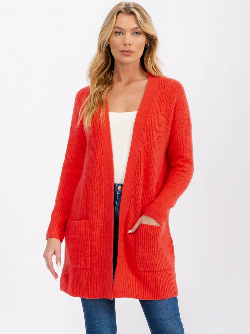 WOMEN'S LONG SLEEVE OPEN FRONT POCKETS CARDIGAN