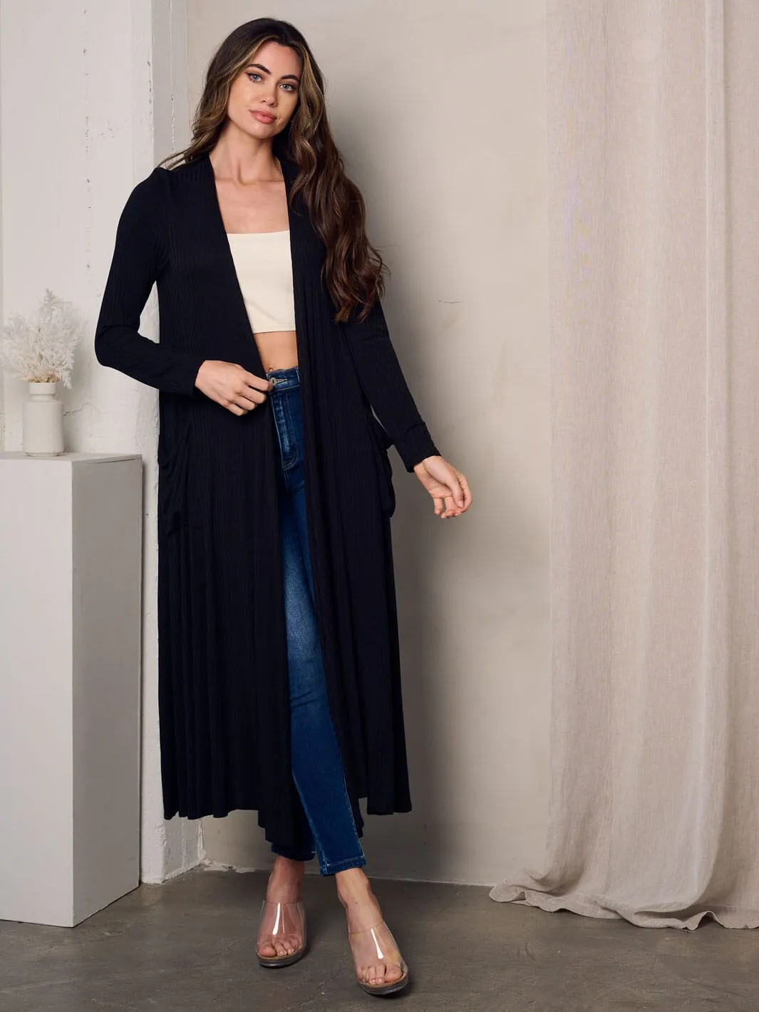 WOMEN'S LONG SLEEVE OPEN FRONT POCKETS CARDIGAN