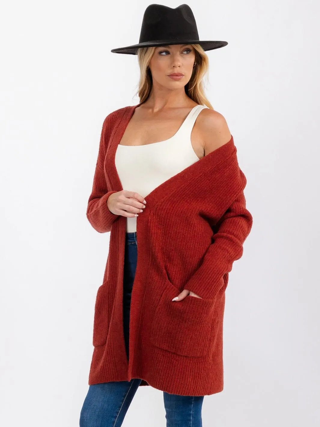 WOMEN'S LONG SLEEVE OPEN FRONT POCKETS CARDIGAN
