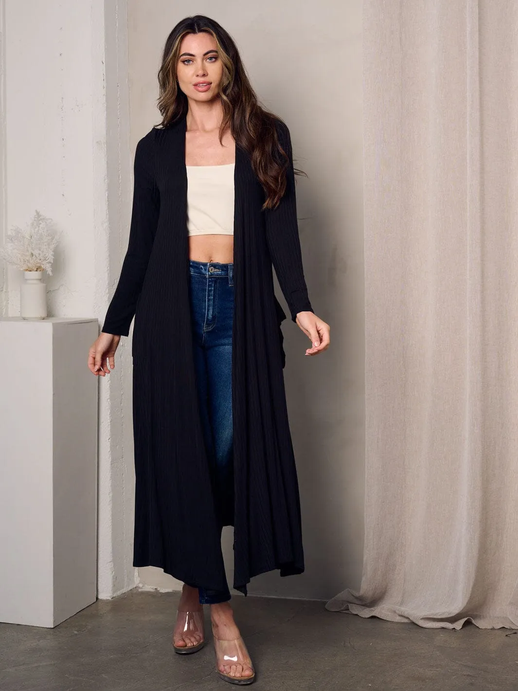 WOMEN'S LONG SLEEVE OPEN FRONT POCKETS CARDIGAN