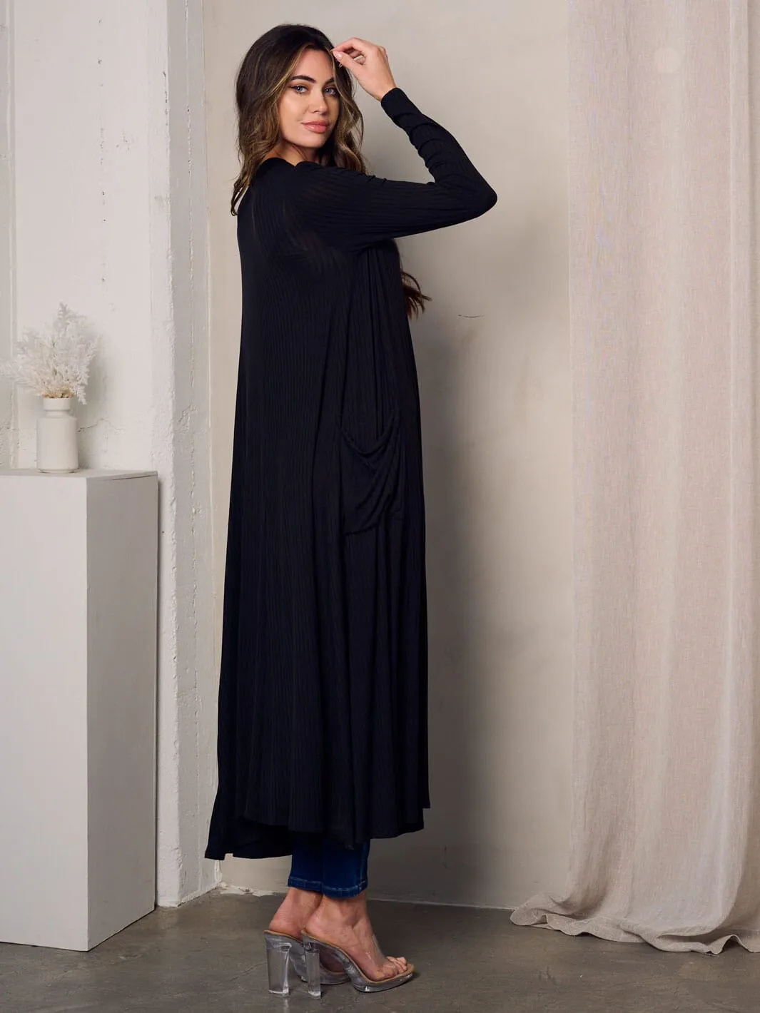 WOMEN'S LONG SLEEVE OPEN FRONT POCKETS CARDIGAN
