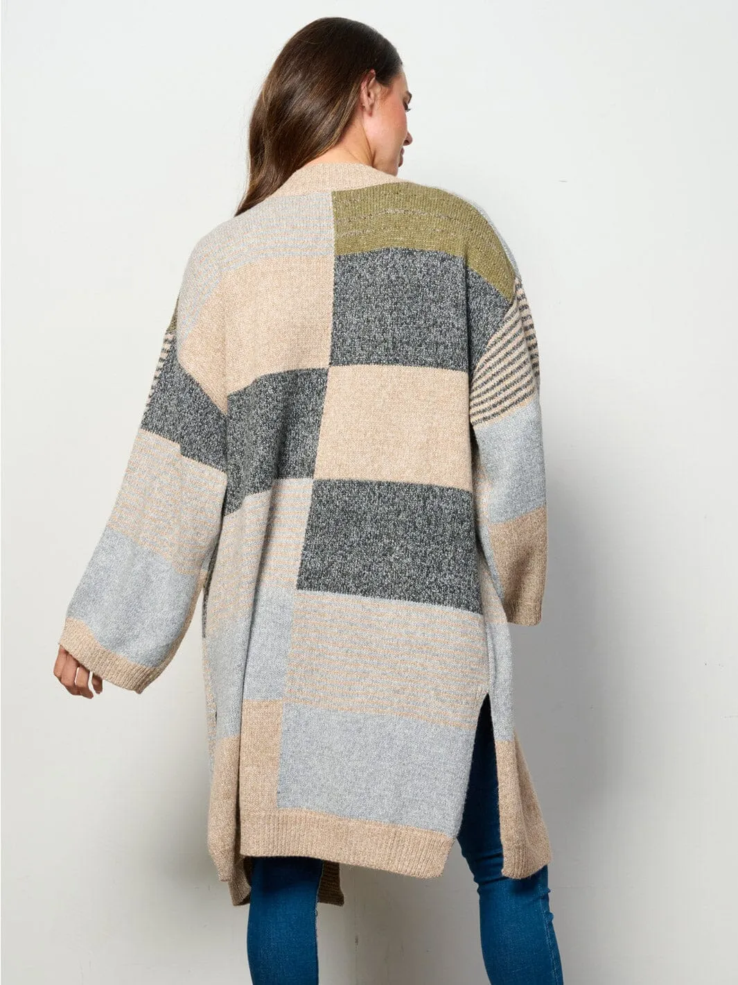 WOMEN'S LONG SLEEVE OPEN FRONT POCKETS COLORBLOCK CARDIGAN