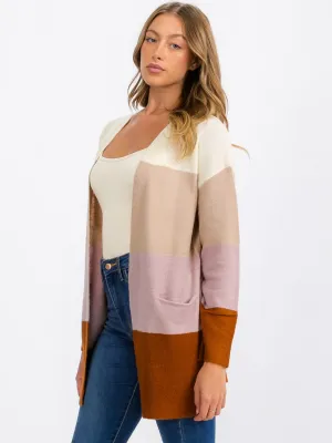 WOMEN'S LONG SLEEVE OPEN FRONT POCKETS COLORBLOCK CARDIGAN