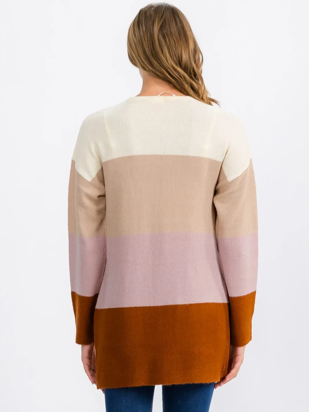 WOMEN'S LONG SLEEVE OPEN FRONT POCKETS COLORBLOCK CARDIGAN