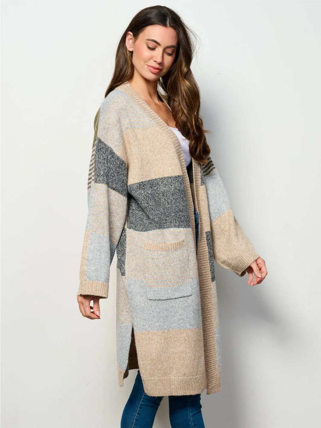 WOMEN'S LONG SLEEVE OPEN FRONT POCKETS COLORBLOCK CARDIGAN