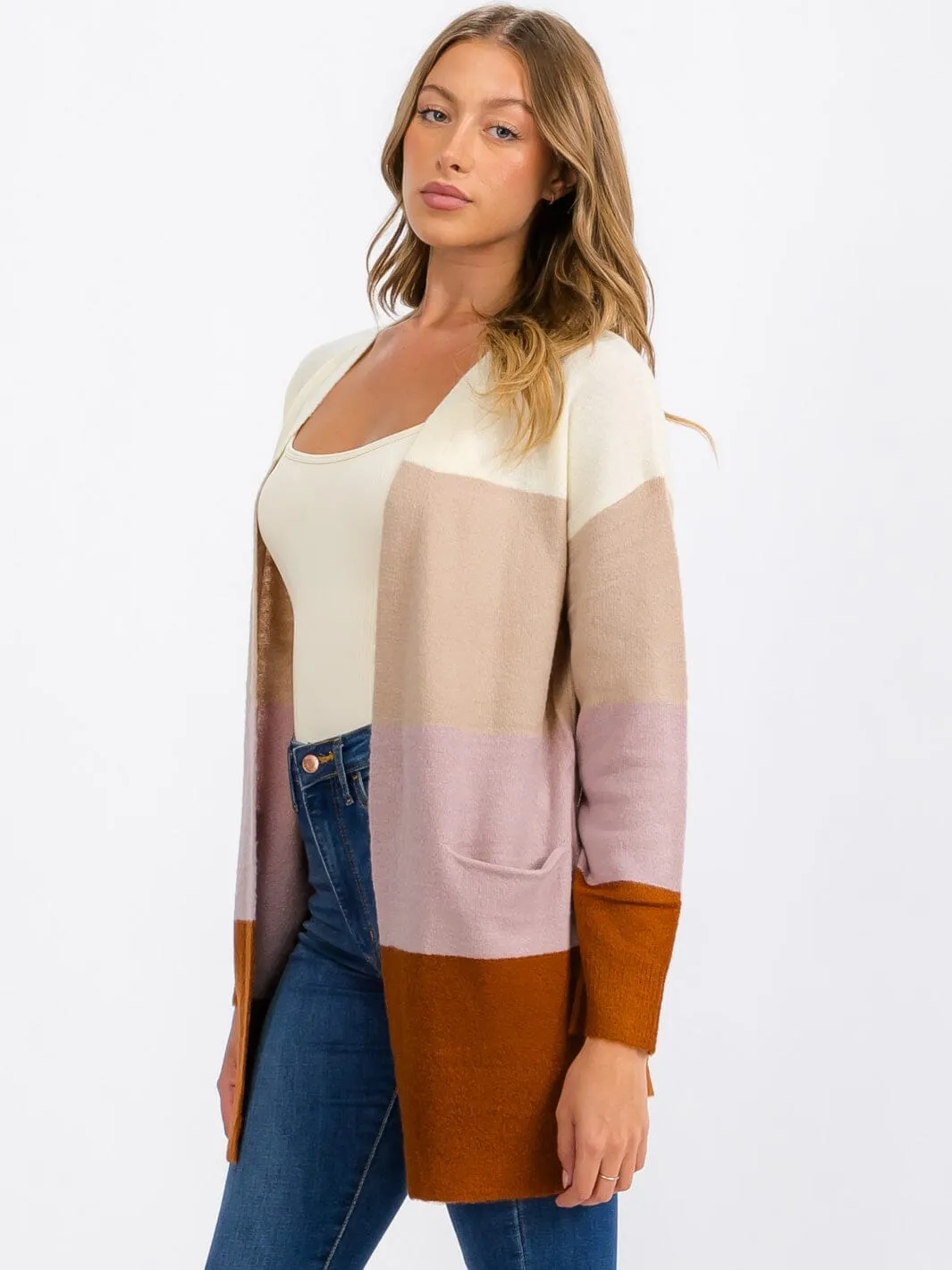 WOMEN'S LONG SLEEVE OPEN FRONT POCKETS COLORBLOCK CARDIGAN