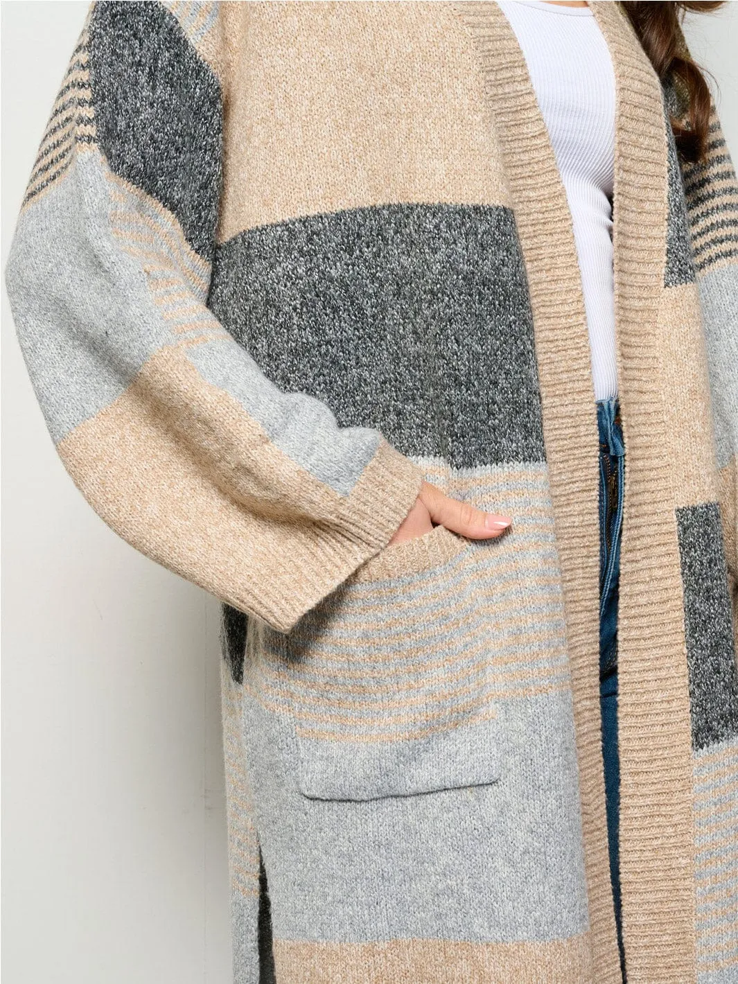 WOMEN'S LONG SLEEVE OPEN FRONT POCKETS COLORBLOCK CARDIGAN