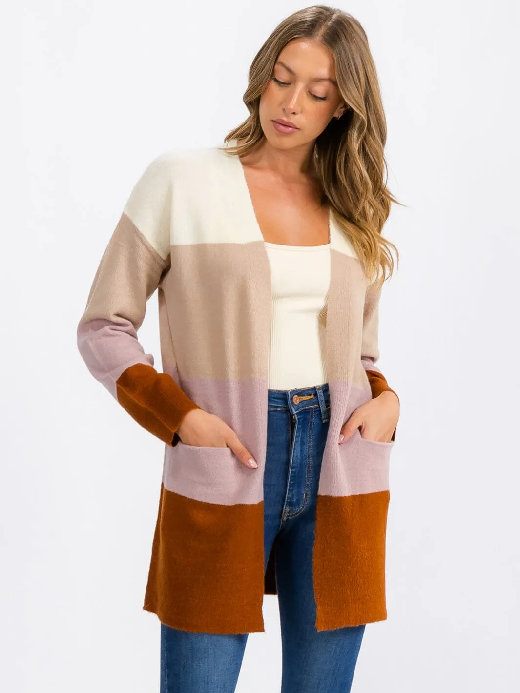 WOMEN'S LONG SLEEVE OPEN FRONT POCKETS COLORBLOCK CARDIGAN