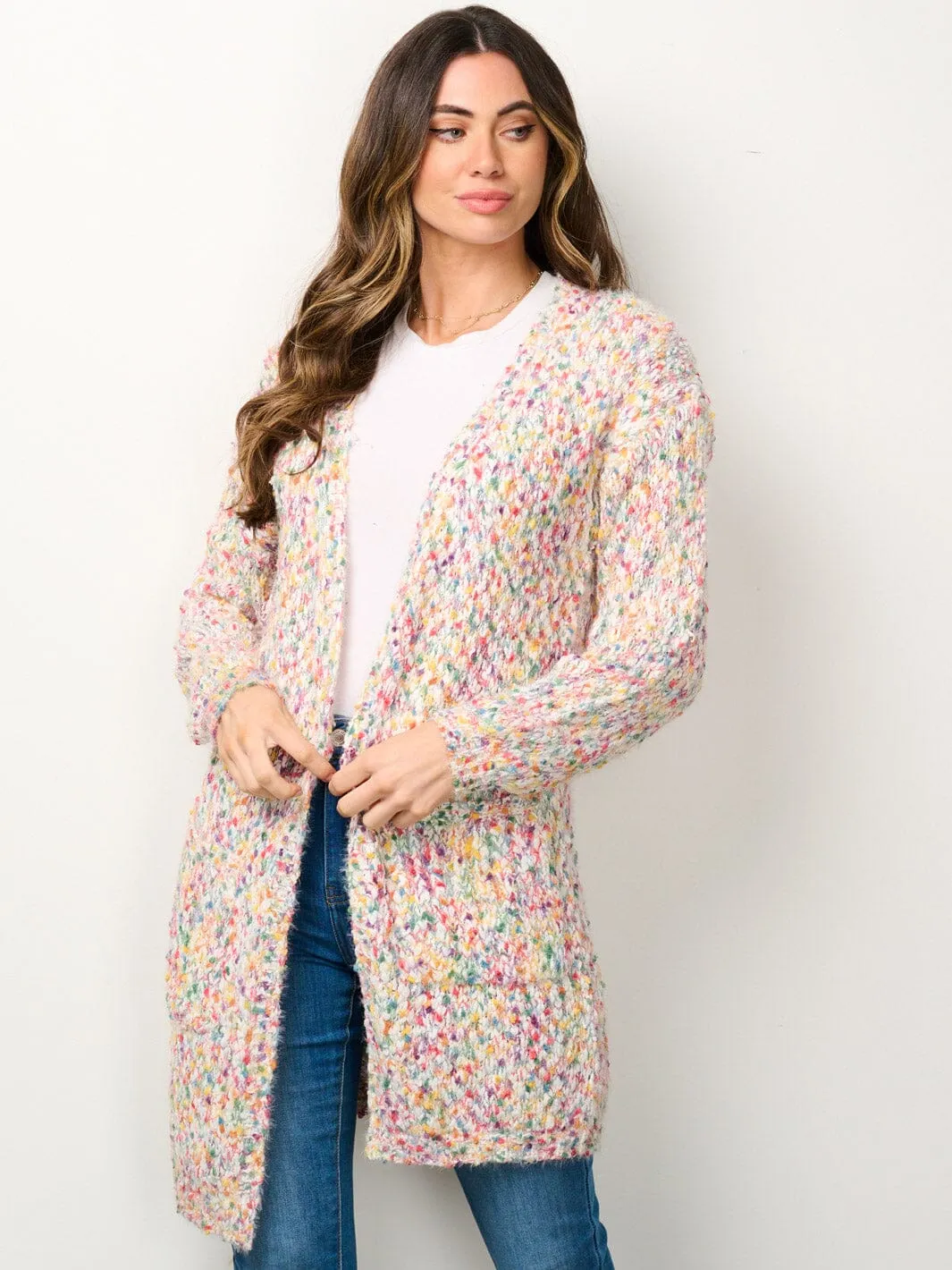 WOMEN'S LONG SLEEVE OPEN FRONT POCKETS MULTI COLOR CARDIGAN