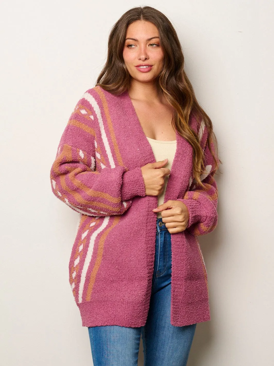 WOMEN'S LONG SLEEVE OPEN FRONT POCKETS MULTI PRINT CARDIGAN