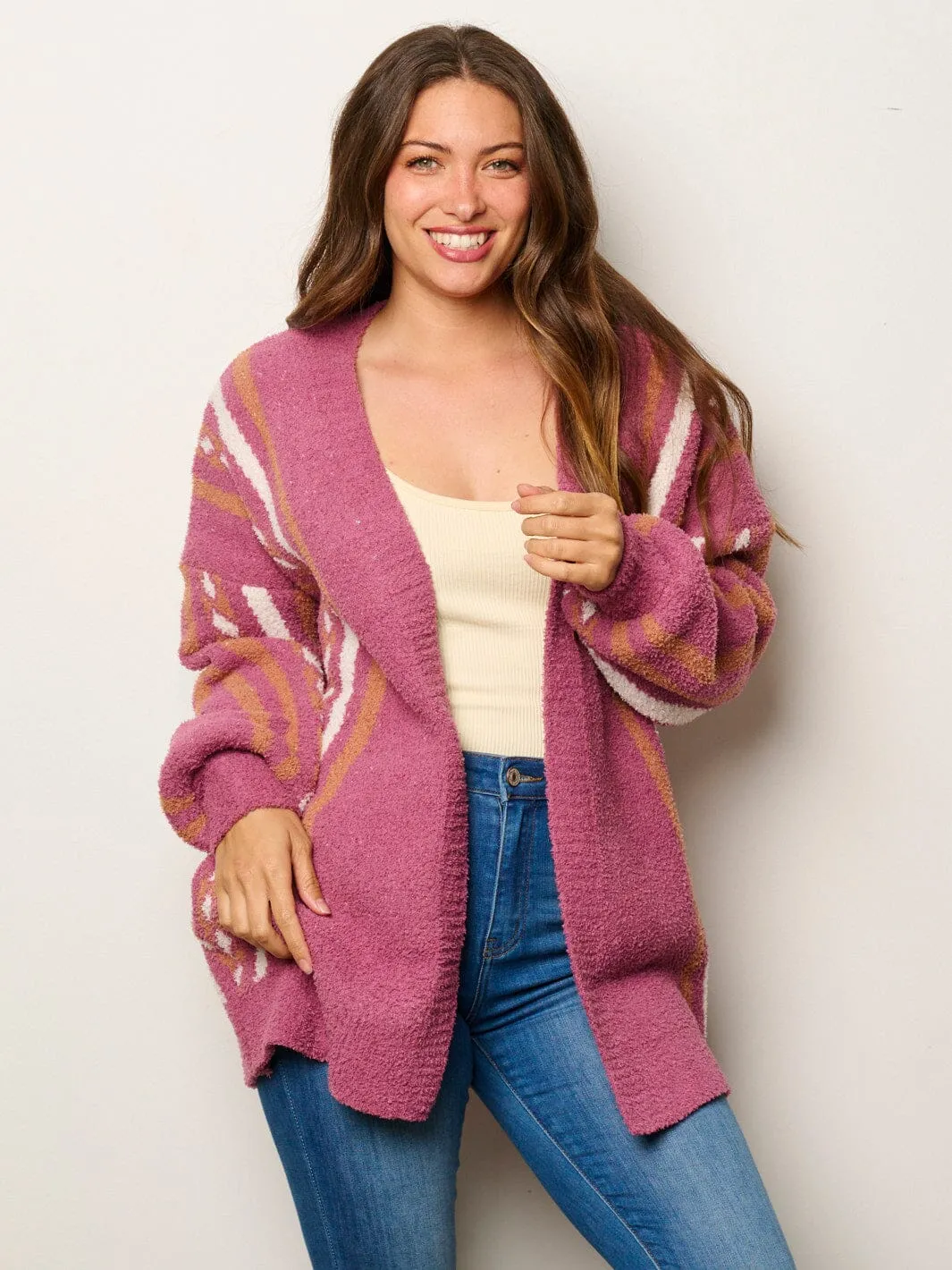 WOMEN'S LONG SLEEVE OPEN FRONT POCKETS MULTI PRINT CARDIGAN
