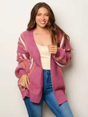 WOMEN'S LONG SLEEVE OPEN FRONT POCKETS MULTI PRINT CARDIGAN