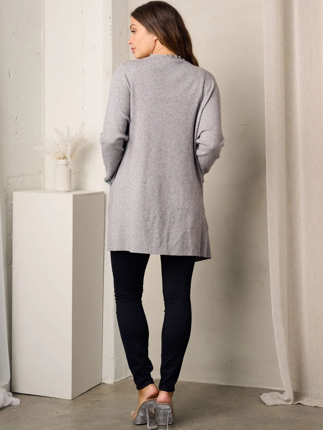 WOMEN'S LONG SLEEVE OPEN FRONT POCKETS PEARL DETAILED CARDIGAN