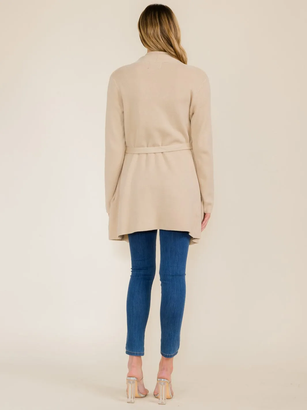 WOMEN'S LONG SLEEVE OPEN FRONT POCKETS SELF TIE CARDIGAN