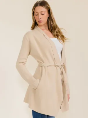 WOMEN'S LONG SLEEVE OPEN FRONT POCKETS SELF TIE CARDIGAN