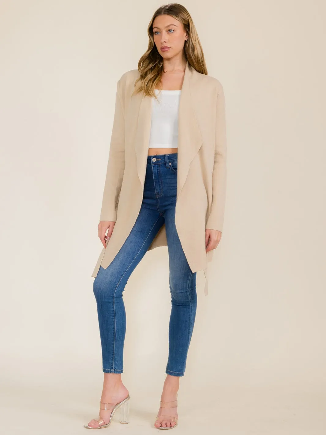 WOMEN'S LONG SLEEVE OPEN FRONT POCKETS SELF TIE CARDIGAN